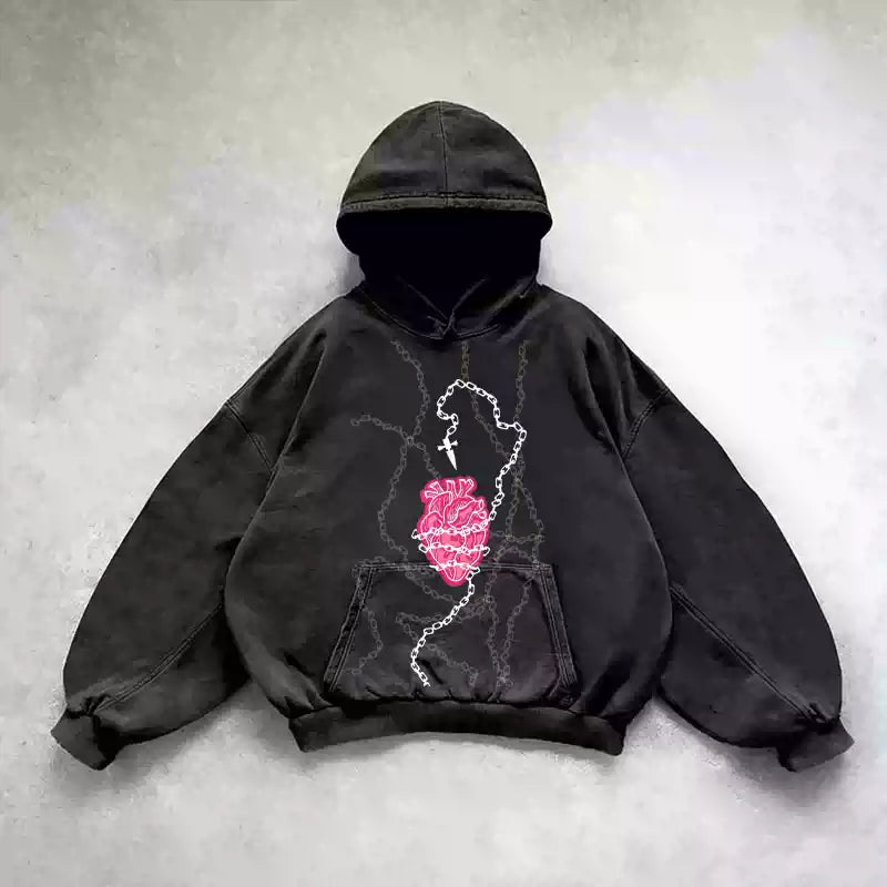 Gothic Heart Chain Print Street Hoodie